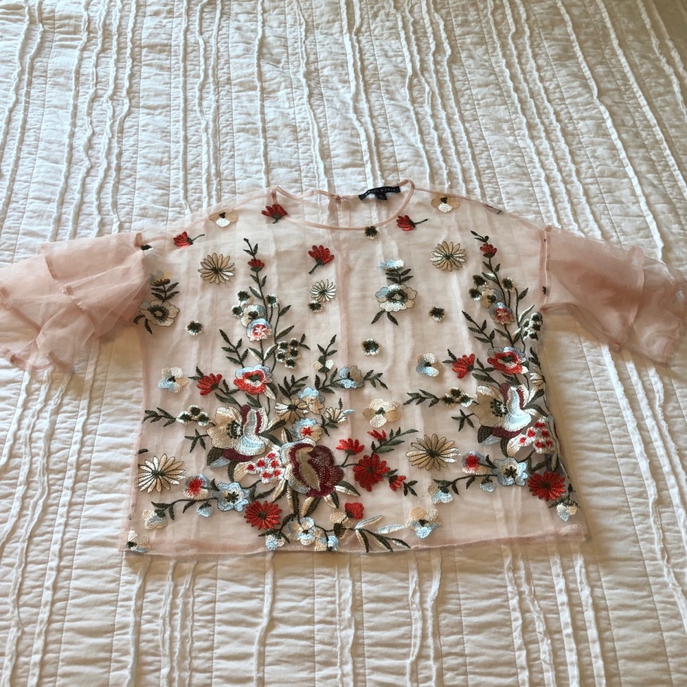 Floral Embroidered Pink Mesh Top
